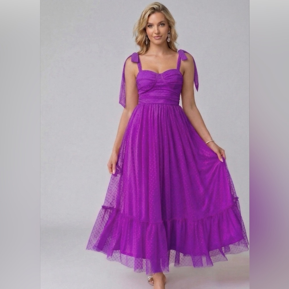 Hot Pink Swiss Dot Tulle Midi Dress with Tie-Shoulder Straps - Picture 3 of 10